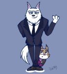  2022 anthro biped blue_eyes bottomwear canid canine canis clothing domestic_cat duo felid feline felis illumination_entertainment jerry_(sing) jimmy_crystal kemono male mammal necktie pants shirt simple_background sing_(movie) size_difference teas_neeee topwear white_body wolf 
