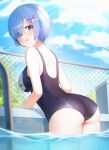  1girl ass blue_eyes blue_hair blue_swimsuit blush bob_cut breasts chain-link_fence cloud cloudy_sky commission commissioner_upload day fence from_behind gya_(144) highres large_breasts looking_at_viewer name_tag one-piece_swimsuit open_mouth outdoors poolside re:zero_kara_hajimeru_isekai_seikatsu rem_(re:zero) revision school_swimsuit short_hair sky solo swimsuit thighs water wet wet_clothes wet_swimsuit 