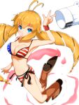  1girl ahoge american_flag american_flag_bikini american_flag_print bikini blonde_hair blue_eyes boots bubble_blowing chef_hat chewing_gum cowboy_boots drill_hair flag_print hat highres looking_at_viewer monica_adenauer nuneno print_swimsuit side-tie_bikini simple_background smile solo swimsuit twin_drills twintails white_background yakitate!!_japan 