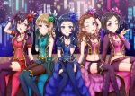  5girls :d april_fools collarbone cosplay crop_top crossed_legs feet_out_of_frame flower gloves hair_flower hair_ornament heruhiwe_(ymw_hel) idol idolmaster idolmaster_cinderella_girls lipps_(idolmaster) looking_at_viewer matsuo_chizuru morikubo_nono multiple_girls navel okazaki_yasuha seki_hiromi shiragiku_hotaru sleeveless sleeveless_jacket smile thighhighs 