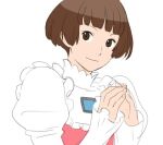  1girl brown_eyes brown_hair closed_mouth fingers_together gundam kei-co looking_at_viewer puffy_sleeves short_hair simple_background smile sochie_heim solo turn_a_gundam white_background 