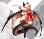  1girl animal_feet bow claws cloud collared_shirt dragon_girl dragon_horns dragon_tail dragon_wings dress fang fang_out fangs fangs_out fingernails frilled_dress frilled_sleeves frills hogara horns long_sleeves looking_at_viewer medium_hair monster_girl original red_eyes scales sharp_fingernails sharp_teeth shirt signature slit_pupils tail talons teeth white_hair wide_sleeves wings 