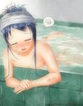  1girl =3 bathing bathtub blue_hair blush breasts closed_eyes collarbone completely_nude kantai_collection long_hair looking_at_viewer mae_(maesanpicture) medium_breasts nude onsen open_mouth partially_submerged samidare_(kancolle) solo spoken_squiggle squiggle towel towel_on_head twitter_username water 