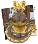  absurd_res anthro apron big_breasts breasts capcom clothed clothing dragon elder_dragon female hi_res horn kulve_taroth monster_hunter nipples samwich_(artist) scalie solo text thick_thighs video_games yellow_eyes 