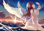  1girl angel_wings bangs bare_shoulders blush brown_hair cac_itinose collarbone dress eyebrows_visible_through_hair highres idolmaster idolmaster_shiny_colors kneeling long_hair looking_at_viewer ocean on_water oosaki_amana ribbon solo sun water wings yellow_eyes 