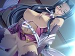  bare_shoulders black_hair breasts breasts_outside censored cowgirl_position dark_skin elbow_gloves from_below girl_on_top glasses gloves green_eyes koihime_musou large_breasts long_hair looking_at_viewer penis sex shuuyu straddling thighhighs vaginal 