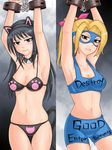  2girls animal_ears bdsm beauty_mark bikini black_hair blonde_hair blush bondage bound breasts brown_eyes cleavage female hamu_agaki large_breasts long_hair mask midriff mole multiple_girls ponytail swimsuit tail 