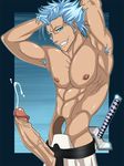  abs armpit_hair armpits arms_behind arrancar bleach blue_eyes blue_hair ejaculation espada grimmjow_jaggerjack grin huge_penis male nude penis sheathed shirtless solo spiked_hair sword uncensored 