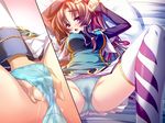  arms_up blue_panties censored fingering hand_in_panties hand_under_panties koihime_musou lying on_back panties red_hair spread_legs underwear upskirt wet_panties 