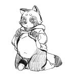  2019 anthro balls belly blush canid canine clothing harusuke hoodie humanoid_hands male mammal navel penis raccoon_dog simple_background slightly_chubby solo tanuki white_background 