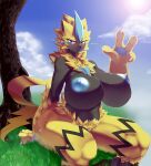  anthro big_breasts blush breasts claws female fur legendary_pok&eacute;mon nintendo opqhlak plant pok&eacute;mon pok&eacute;mon_(species) sitting solo tree video_games yellow_body yellow_fur zeraora 