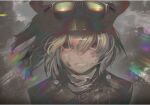  1girl 22kyun2 bangs blonde_hair blood blood_on_face buttons clenched_teeth dark_background dirty dirty_face goggles goggles_on_head hat looking_at_viewer military military_hat military_uniform red_eyes short_hair solo tanya_degurechaff teeth uniform upper_body youjo_senki 