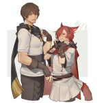  2boys :d ^_^ ^o^ adventurer_(ff14) animal_ears bangs belt black_gloves black_scarf braid braided_ponytail brown_hair cape cat_boy cat_ears cat_tail closed_eyes cosplay costume_switch cowboy_shot cropped_legs dated elbow_gloves facial_hair facial_mark ffxivys final_fantasy final_fantasy_xiv fingerless_gloves from_side g&#039;raha_tia gloves hair_ornament hand_up hands_up highres holding holding_clothes holding_scarf hyur male_focus miqo&#039;te multiple_boys open_mouth red_cape red_eyes red_hair scarf shirt short_hair short_ponytail single_braid smile standing stubble swept_bangs tail two-tone_background vambraces white_background white_shirt x_hair_ornament 