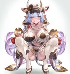  1girl absurdres aldehyde animal_ears animal_print bangs bare_shoulders bikini blue_hair blush breasts catura_(granblue_fantasy) cleavage cow_ears cow_girl cow_hat cow_horns cow_print cow_tail detached_collar detached_sleeves draph ear_piercing granblue_fantasy grin highres horns large_breasts long_hair looking_at_viewer navel piercing pointy_ears see-through short_shorts shorts smile solo squatting swimsuit tail thighhighs white_bikini white_legwear white_shorts wide_sleeves 