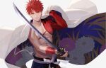  1boy abs bangs cape closed_mouth commentary_request emiya_shirou fate/grand_order fate_(series) floral_print highres holding holding_sword holding_weapon igote japanese_clothes katana kuromamechabita looking_at_viewer male_focus red_hair senji_muramasa_(fate) short_hair simple_background single_bare_shoulder smile solo sword toned toned_male topless_male upper_body weapon white_cape yellow_eyes 