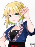  1girl alternate_costume bangs black_sash black_tube_top blonde_hair blue_shirt bow bowtie breasts closed_mouth commentary_request eyes_visible_through_hair green_eyes highres looking_at_viewer medium_breasts mizuhashi_parsee obi pointy_ears sash shirt short_hair short_sleeves simple_background smile solo strapless tomekami touhou tube_top upper_body white_background white_bow white_bowtie 