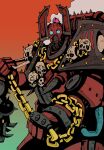  armor chain chaos_(warhammer) commentary darkmechanic green_background highres holding holding_chain khorne khorne_berserker multicolored_background pauldrons power_armor red_armor red_background shoulder_armor skull warhammer_40k 