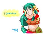  1girl breasts feena_(grandia) full_body grandia grandia_i green_eyes green_hair hair_ornament hair_tubes jewelry long_hair looking_at_viewer low-tied_long_hair midriff navel necklace simple_background skirt solo thighhighs white_background 
