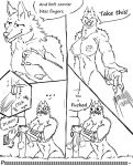  abs absurd_res amputee anthro biceps breasts canid clothing comic dialogue disability duo female fur gloves gun handwear hi_res kofomy mammal mechanical_arm mechanical_leg muscular muscular_female nipples nude prosthetic ranged_weapon speech_bubble thick_thighs weapon 
