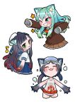  3girls :3 animal_ears aqua_hair bangs black_hair blue_skirt blush brown_jacket cat_ears cat_girl cat_tail cropped_legs diving_mask diving_mask_on_head fangs goggles goggles_on_head gradient_hair green_eyes grin hat hime_kake jacket kantai_collection long_hair maru-yu_(kancolle) matsuwa_(kancolle) multicolored_hair multiple_girls one-piece_swimsuit one_eye_closed pleated_skirt red_hair short_hair simple_background skirt smile suzuya_(kancolle) swimsuit tail white_background white_headwear white_swimsuit 