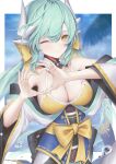  1girl aqua_hair aqua_kimono bikini bow breasts detached_collar dmith dragon_girl dragon_horns fate/grand_order fate_(series) heart heart_hands highres horns japanese_clothes kimono kiyohime_(fate) kiyohime_(swimsuit_lancer)_(fate) large_breasts long_hair multiple_horns off_shoulder one_eye_closed solo swimsuit yellow_bikini yellow_bow yellow_eyes 