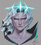  1boy absurdres close-up closed_mouth collarbone commentary_request crown facing_viewer forehead glowing green_eyes halo highres league_of_legends male_focus realistic short_hair signature simple_background solo tied_hair valkyrie_(ekpk5223) viego_(league_of_legends) white_hair 