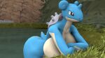  2021 3d_(artwork) anthro bent_over big_breasts black_eyes blue_body blue_skin breasts digital_media_(artwork) dnrud12 female fence grass hi_res horn lapras leaning leaning_forward nintendo plant pok&eacute;mon pok&eacute;mon_(species) pok&eacute;morph shell solo source_filmmaker tree video_games water 