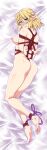  1girl ass back bangs barefoot bdsm blonde_hair blush body_blush bondage bound bound_arms bound_wrists breasts commentary_request dakimakura_(medium) embarrassed eyebrows_visible_through_hair feet full_body green_eyes hair_between_eyes highres large_breasts looking_at_viewer lying mizuhashi_parsee nipples nose_blush nude on_side ootsuki_wataru pointy_ears shibari shiny shiny_skin short_hair short_ponytail soles solo toes touhou 