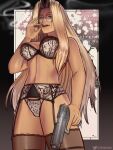  1girl black_border blue_eyes border bra breasts brown_legwear cigar cowboy_shot dark-skinned_female dark_skin erodrunky from_below garter_belt garter_straps gun handgun hellsing highres holding holding_gun holding_weapon integra_hellsing lace lace_bra lace_garter_belt lace_panties lingerie lips looking_at_viewer medium_breasts navel panties pistol platinum_blonde_hair rimless_eyewear round_eyewear see-through_legwear smoking solo teeth thighhighs trigger_discipline underwear upper_teeth weapon 