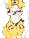  anthro areola badgengar bandai_namco big_breasts bikini bodily_fluids breasts canid canine clothed clothing digimon digimon_(species) digital_media_(artwork) female fur mammal navel open_mouth renamon saliva saliva_string simple_background skimpy smile solo sweat sweatdrop swimwear topwear tuft white_body white_fur yellow_body yellow_fur 