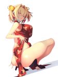  1girl :o ass black_footwear blonde_hair blue_eyes bombergirl breasts china_dress chinese_clothes dress from_behind full_body hair_ornament highres large_breasts looking_at_viewer multicolored_hair pine_(bombergirl) print_dress red_dress shoes short_hair simple_background solo thighs two-tone_hair wat_(worldlog) white_background 