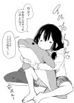  1girl absurdres airandou april_fools barefoot commentary greyscale highres hood hoodie monochrome object_hug original scrunchie short_shorts shorts sitting solo stuffed_animal stuffed_dolphin stuffed_shark stuffed_toy translated white_background 