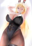  1girl alternate_costume animal_ears armpits arms_up azur_lane bangs black_legwear black_leotard blonde_hair blue_eyes blush breasts cleavage clothing_cutout commentary commentary_request eyebrows_visible_through_hair fake_animal_ears highleg highleg_leotard highres huge_breasts leotard long_hair looking_at_viewer navel_cutout north_carolina_(azur_lane) north_carolina_(the_heart&#039;s_desire)_(azur_lane) official_alternate_costume one_eye_closed pantyhose playboy_bunny revision sano_sho solo very_long_hair 