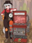  1girl :d animal_ears bangs bolt brown_footwear brown_headwear cosplay crossover dispenser_(team_fortress) full_body gloves grin highres inubashiri_momiji kawashiro_nitori knee_pads nut_(hardware) orange_gloves overalls ramnik5 red_eyes short_hair single_glove sleeves_rolled_up smile solo standing syringe tail team_fortress_2 teeth the_engineer the_engineer_(cosplay) touhou unusual_effect white_hair wolf_ears wolf_girl wolf_tail 