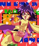  1990s_(style) 1girl amelia_wil_tesla_seyruun bangs blue_eyes breasts cape clenched_hand commentary from_side highres one_eye_closed open_hand pants potiri02 purple_hair retro_artstyle shirt slayers small_breasts smile solo yellow_cape yellow_pants yellow_shirt 