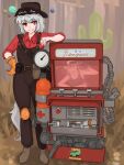  1girl :d animal_ears bangs brown_footwear brown_headwear cosplay crossover dispenser_(team_fortress) full_body gloves grin highres inubashiri_momiji kawashiro_nitori knee_pads orange_gloves overalls planet ramnik5 red_eyes short_hair single_glove sleeves_rolled_up smile solo standing syringe tail team_fortress_2 teeth the_engineer the_engineer_(cosplay) touhou unusual_effect white_hair wolf_ears wolf_girl wolf_tail 