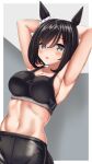  1girl absurdres animal_ears armpits arms_behind_head arms_up bangs bare_arms black_hair blue_eyes blush breasts cleavage commentary_request crop_top eishin_flash_(umamusume) eyebrows_visible_through_hair hair_between_eyes highres horse_ears large_breasts looking_at_viewer midriff navel parted_lips shinonome_halltro shiny shiny_clothes short_hair solo sports_bra stomach umamusume upper_body 