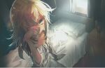  1girl 22kyun2 bed bed_sheet blonde_hair blue_eyes collarbone desk long_hair looking_at_viewer nightgown nutcracker pillow rubbing_eyes solo tanya_degurechaff teeth tired waking_up window youjo_senki 