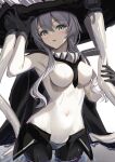  1girl absurdres abyssal_ship black_cape black_gloves blue_eyes blush breasts cape cowboy_shot eyebrows_visible_through_hair gloves hair_between_eyes highres kantai_collection kokenashi long_hair medium_breasts navel open_mouth pale_skin solo tentacles white_hair wo-class_aircraft_carrier 