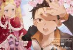  ;o beatrice_(re:zero) black_hair blonde_hair brown_eyes capelet cherry_blossoms crown dress drill_hair frilled_dress frills fur-trimmed_capelet fur_trim fursk_taba hand_up happy_birthday highres holding_hands mini_crown natsuki_subaru one_eye_closed petals re:zero_kara_hajimeru_isekai_seikatsu ribbon twin_drills 