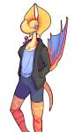  ambiguous_gender anthro beak bird_wyvern bottomwear capcom clothing crest_(disambiguation) exoskellet frill_(anatomy) hand_in_pocket hi_res jacket jewelry membrane_(anatomy) membranous_frill monster_hunter necklace pockets red_body scalie shorts solo standing topwear video_games winged_arms wings yian_kut-ku 