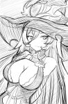  1girl blush breasts cleavage closed_mouth dress hair_between_eyes hat kayama_kenji large_breasts long_hair looking_at_viewer monochrome nijisanji nui_sociere simple_background smile solo very_long_hair virtual_youtuber witch_hat 