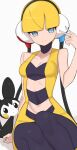  1girl arm_support bangs bare_arms black_choker black_legwear blonde_hair blue_eyes blunt_bangs breasts choker cleavage collarbone commentary_request elesa_(pokemon) emolga hand_up headphones highres knees legs_together looking_at_viewer nuneno pantyhose parted_lips pokemon pokemon_(creature) pokemon_(game) pokemon_bw short_hair sitting sleeveless smile toned v white_background 
