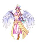  1girl angel angel_wings asymmetrical_legwear breasts closed_mouth commentary crop_top elbow_gloves english_commentary feathered_wings full_body gloves gradient_hair halo jibril_(no_game_no_life) large_breasts liliadria long_hair looking_at_viewer low_wings magic_circle midriff mismatched_legwear multicolored_eyes multicolored_hair navel no_game_no_life orange_eyes pink_hair shoes sideboob single_shoe smile solo tattoo white_wings wing_ears wings yellow_eyes 