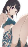  1girl armpits bangs black_hair blue_swimsuit breasts chestnut_mouth crossed_legs eyebrows_visible_through_hair floral_print frilled_swimsuit frills highres hiroki_(yyqw7151) legs light_blush looking_at_viewer low_twintails medium_hair midriff original purple_eyes sideways_glance sitting small_breasts solo swimsuit swimsuit_skirt thighs twintails white_background 