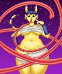  animal_crossing ankha_(animal_crossing) anthro blue_hair digital_media_(artwork) domestic_cat felid feline felis female fur hair hi_res hyper hyper_tongue long_tongue looking_at_viewer mammal mothlylewds nintendo prehensile_tongue purple_background simple_background solo tongue tongue_out video_games yellow_body yellow_fur 