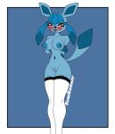  anthro areola blush breasts clothing eeveelution female female/female genitals gesture glaceon green_areola green_nipples hand_on_hip hi_res humanoid legwear lingerie looking_at_viewer nintendo nipples nude nude_female pok&eacute;mon pok&eacute;mon_(species) presenting pussy samrunner school school_uniform simple_background small_waist smile solo spread_legs spreading teacher thigh_highs uniform v_sign video_games 