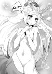  1girl animal_ears antlers bangs bare_shoulders blush breasts bug butterfly flower greyscale groin hair_ornament highres large_breasts league_of_legends lillia_(league_of_legends) long_hair looking_at_viewer monochrome navel odeko_yma open_mouth solo speech_bubble spirit_blossom_(league_of_legends) spirit_blossom_lillia taur 