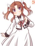  1girl ahoge artist_logo brown_hair commentary_request cosplay cowboy_shot dated dress hair_ribbon kagerou_(kancolle) kagerou_kai_ni_(kancolle) kanon_(kurogane_knights) kantai_collection long_hair look-alike looking_at_viewer lyrical_nanoha mahou_shoujo_lyrical_nanoha one-hour_drawing_challenge purple_eyes ribbon school_uniform seishou_elementary_school_uniform simple_background solo standing takamachi_nanoha takamachi_nanoha_(cosplay) twintails white_background white_dress white_ribbon 