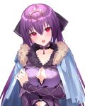  1girl bangs breasts cleavage cleavage_cutout clothing_cutout fate/grand_order fate_(series) hair_between_eyes highres kernel_killer large_breasts long_hair looking_at_viewer open_mouth purple_hair red_eyes scathach_(fate) scathach_skadi_(fate) solo tiara 